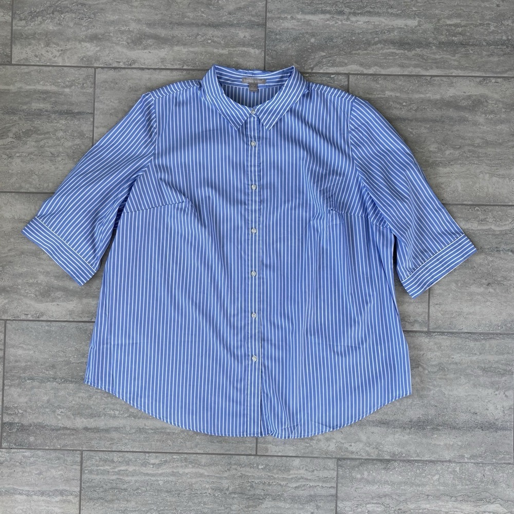 Blue White Striped Tunic Top Blouse Size XL Extra‎ Large 3/4 Sleeve Collared 2XL